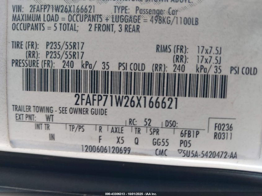 2006 Ford Crown Victoria Police/Police Interceptor VIN: 2FAFP71W26X166621 Lot: 43306313