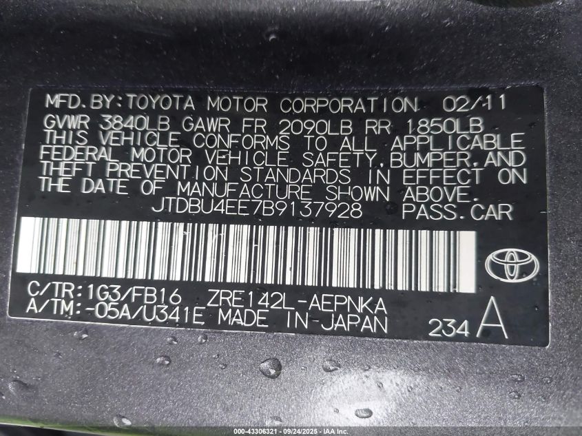 2011 Toyota Corolla Le VIN: JTDBU4EE7B9137928 Lot: 43306321