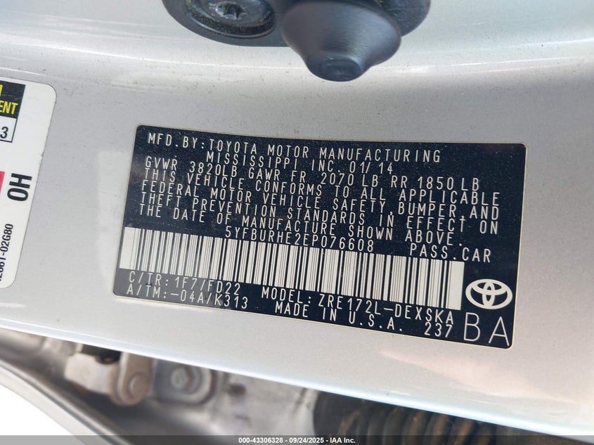 2014 Toyota Corolla S Plus VIN: 5YFBURHE2EP076608 Lot: 43306328