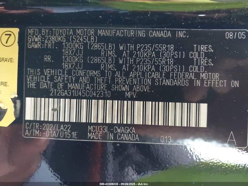 2005 Lexus Rx 330 VIN: 2T2GA31U45C042310 Lot: 43306338