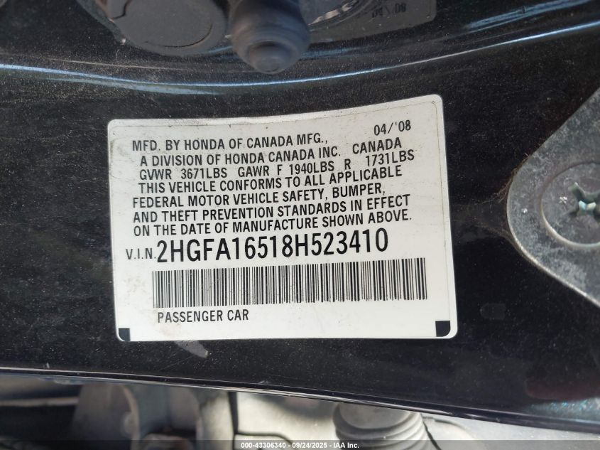2008 Honda Civic Lx VIN: 2HGFA16518H523410 Lot: 43306340