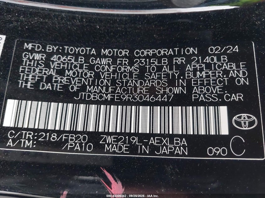 VIN JTDBCMFE9R3046447 2024 TOYOTA COROLLA HYBRID LE
