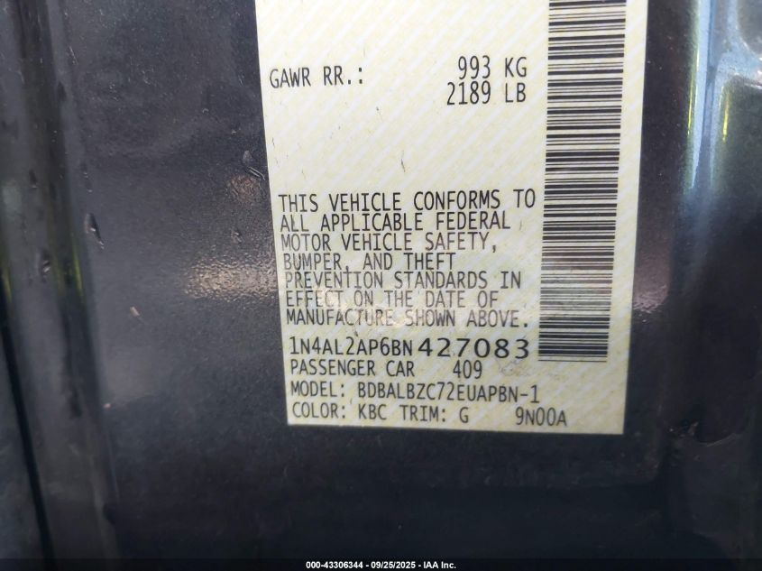 2011 Nissan Altima 2.5 S VIN: 1N4AL2AP6BN427083 Lot: 43306344