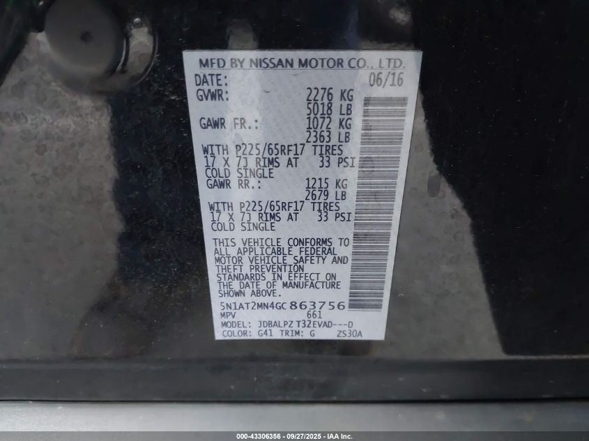 2016 Nissan Rogue S VIN: 5N1AT2MN4GC863756 Lot: 43306356