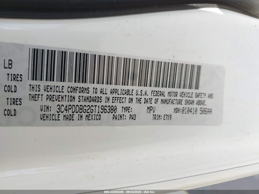 2016 Dodge Journey Sxt VIN: 3C4PDDBG2GT196380 Lot: 43306358