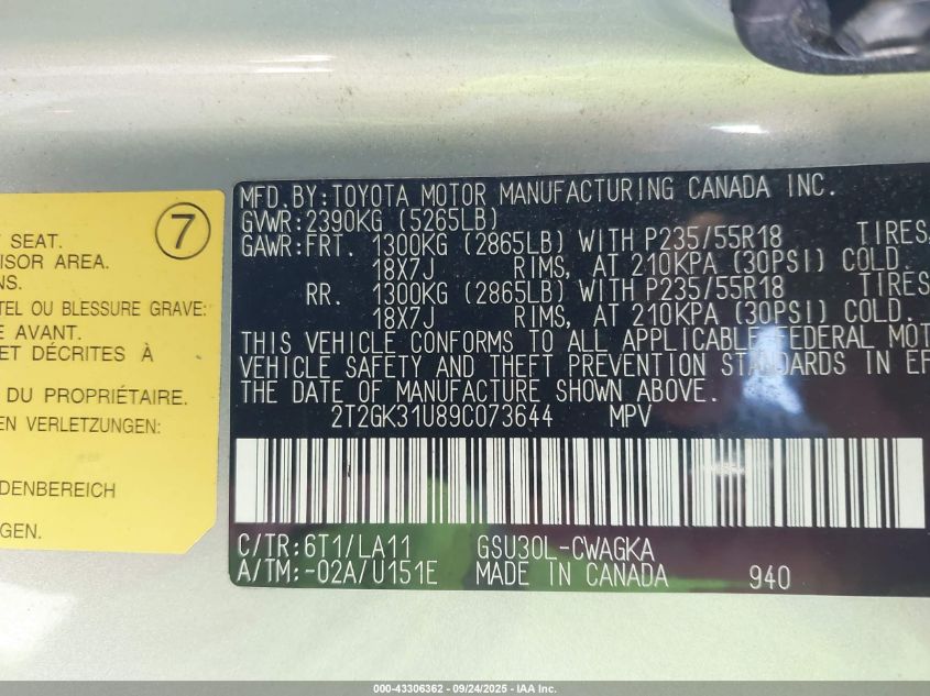 2009 Lexus Rx 350 VIN: 2T2GK31U89C073644 Lot: 43306362