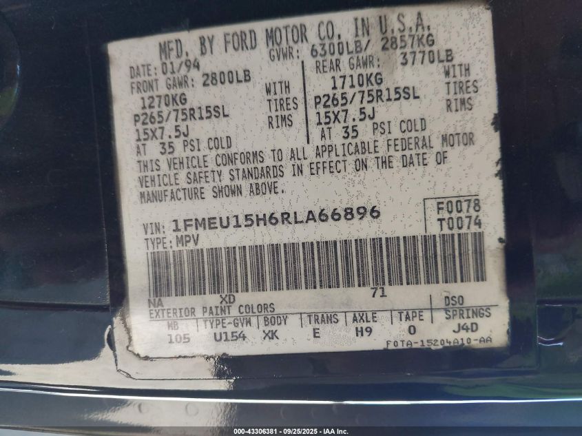 1994 Ford Bronco U100 VIN: 1FMEU15H6RLA66896 Lot: 43306381