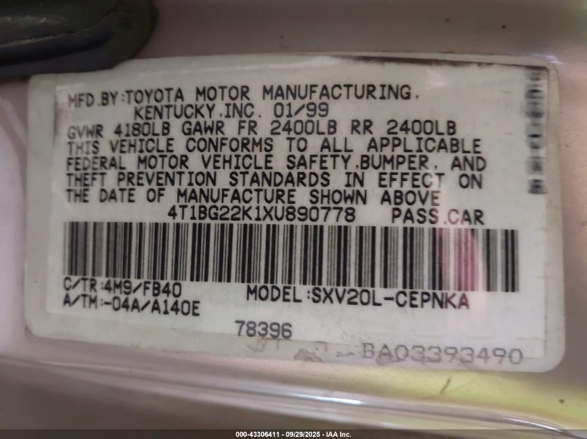 1999 Toyota Camry Le VIN: 4T1BG22K1XU890778 Lot: 43306411