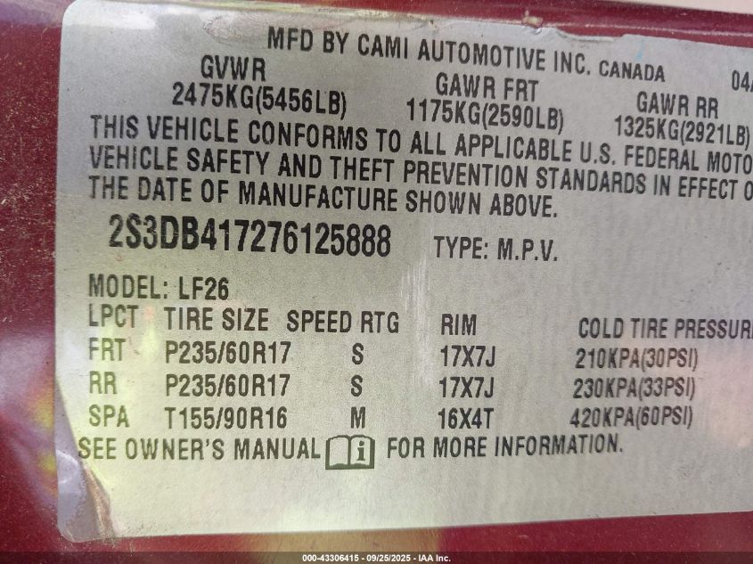 2007 Suzuki Xl7 Luxury VIN: 2S3DB417276125888 Lot: 43306415