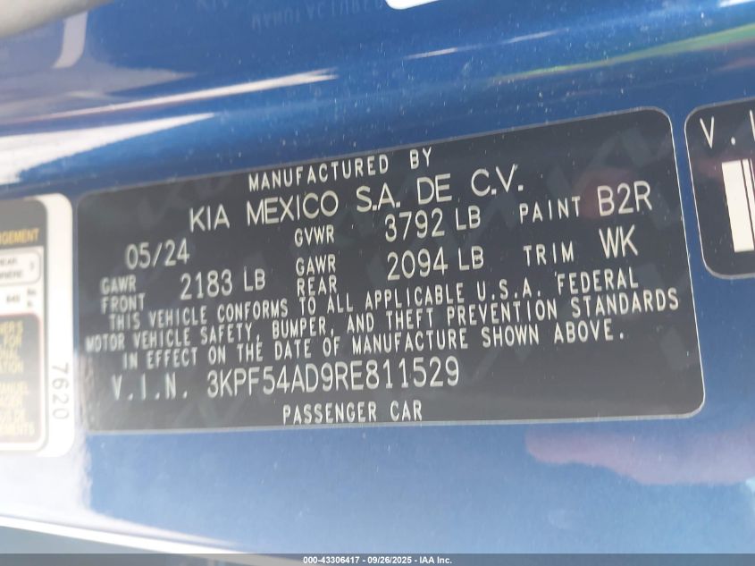 2024 Kia Forte Gt-Line VIN: 3KPF54AD9RE811529 Lot: 43306417