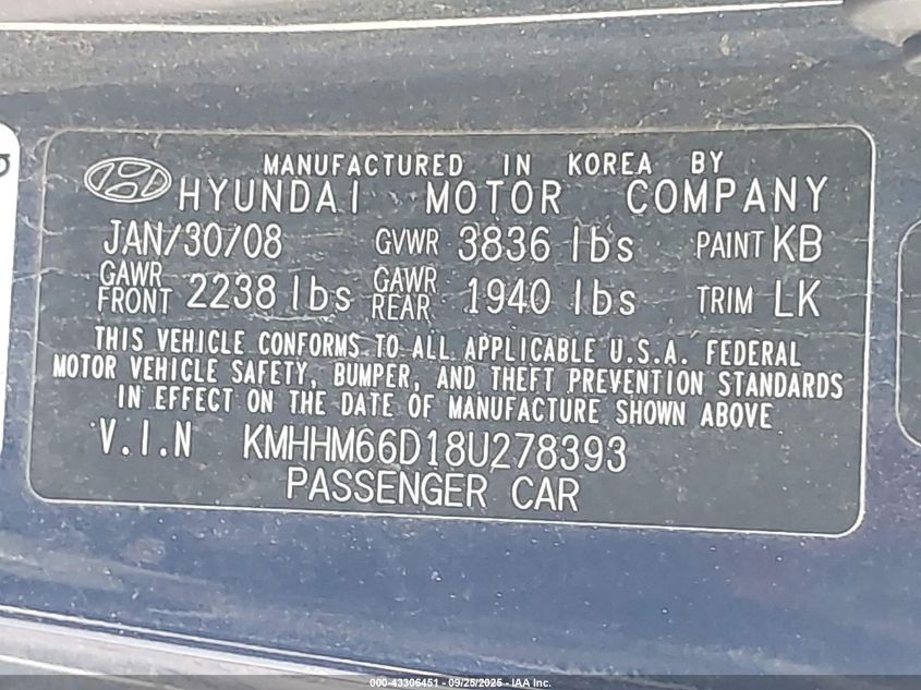 2008 Hyundai Tiburon Gs VIN: KMHHM66D18U278393 Lot: 43306451