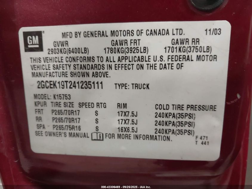 2004 Chevrolet Silverado 1500 Z71 VIN: 2GCEK19T241235111 Lot: 43306469