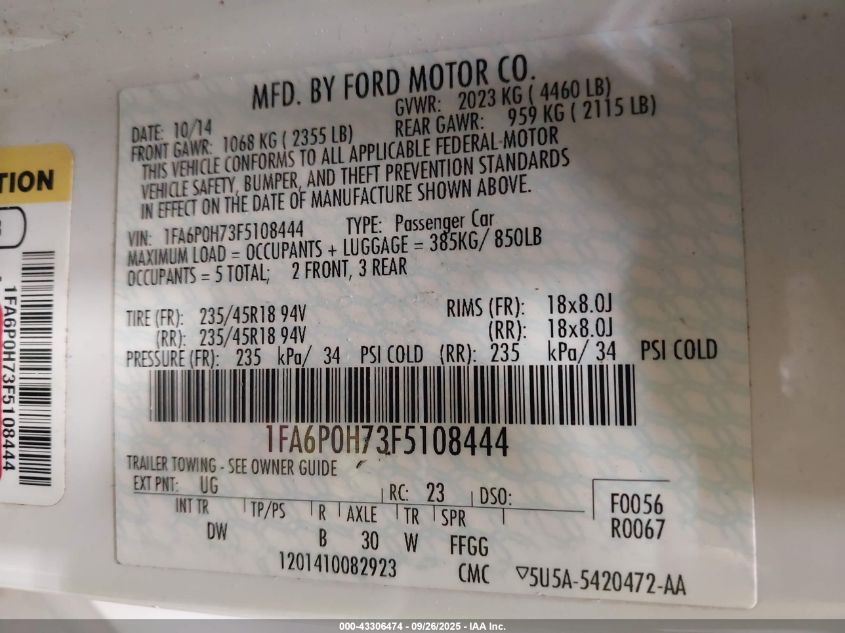 2015 Ford Fusion Se VIN: 1FA6P0H73F5108444 Lot: 43306474
