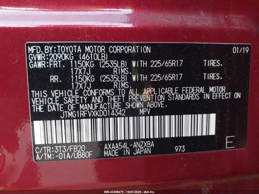 2019 Toyota Rav4 Le VIN: JTMG1RFVXKD014342 Lot: 43306479