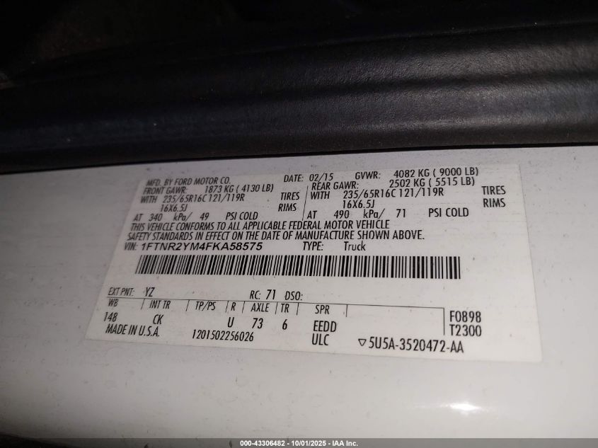 2015 Ford Transit-250 VIN: 1FTNR2YM4FKA58575 Lot: 43306482