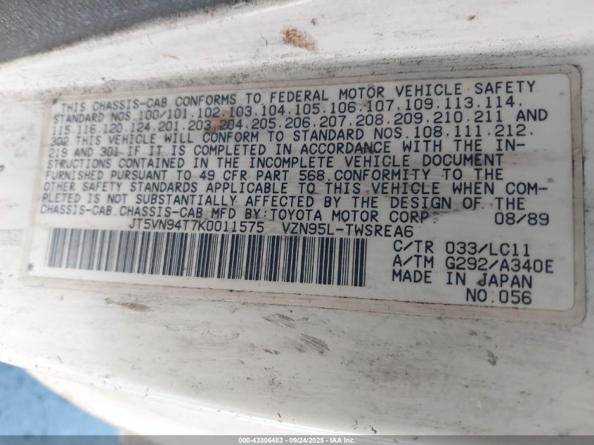 1989 Toyota Pickup Cab Chassis Super Long Wb VIN: JT5VN94T7K0011575 Lot: 43306483