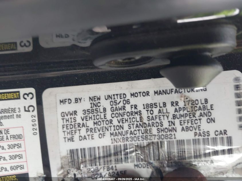 2006 Toyota Corolla Le VIN: 1NXBR30E56Z730821 Lot: 43306487