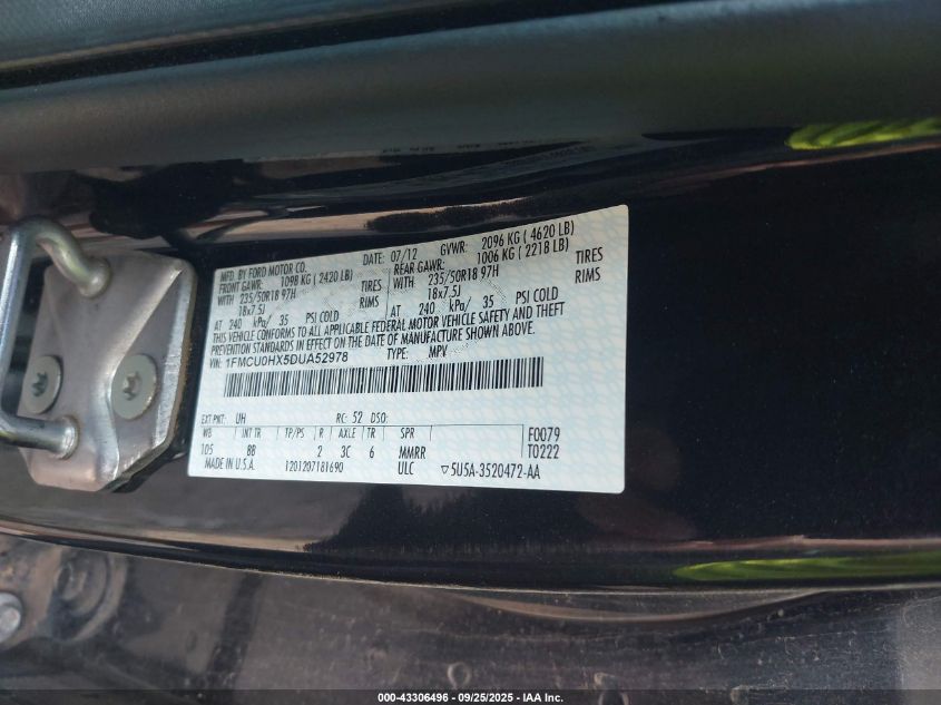 2013 Ford Escape Sel VIN: 1FMCU0HX5DUA52978 Lot: 43306496