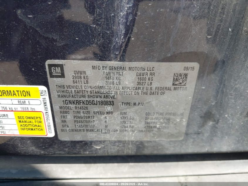 2016 Chevrolet Traverse Ls VIN: 1GNKRFKD5GJ180833 Lot: 43306504