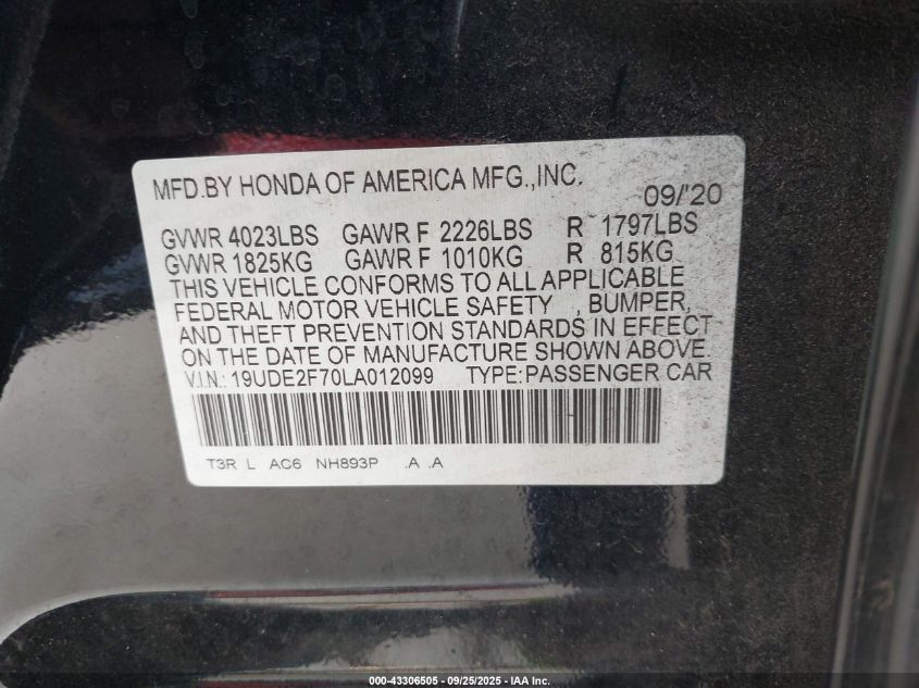 2020 Acura Ilx Premium Package/Technology Package VIN: 19UDE2F70LA012099 Lot: 43306505
