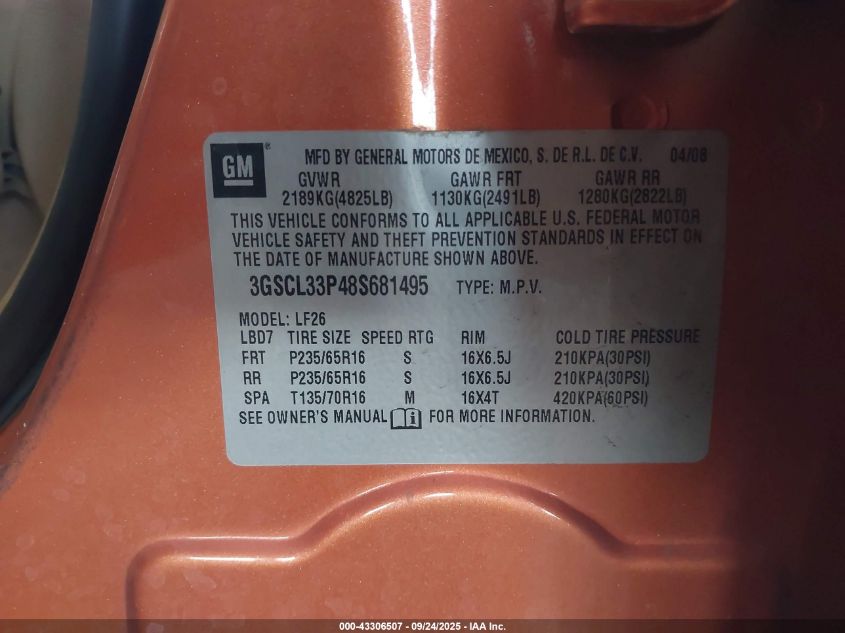 2008 Saturn Vue 4-Cyl Xe VIN: 3GSCL33P48S681495 Lot: 43306507