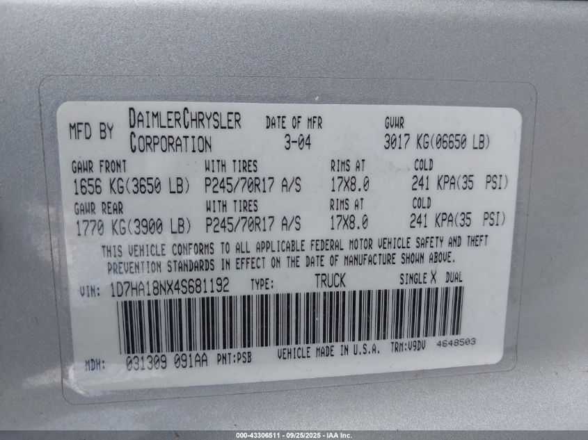 2004 Dodge Ram 1500 Slt/Laramie VIN: 1D7HA18NX4S681192 Lot: 43306511