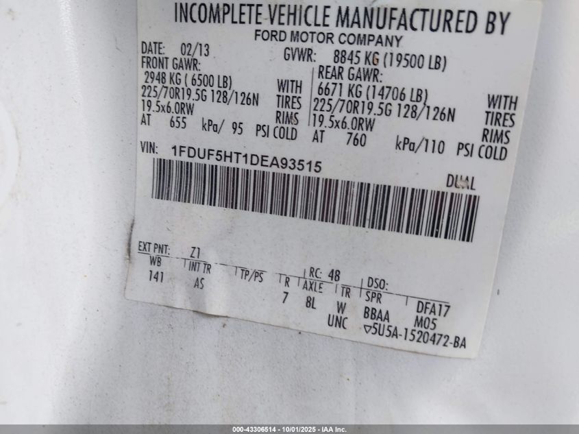 2013 Ford F-550 Chassis Xl VIN: 1FDUF5HT1DEA93515 Lot: 43306514
