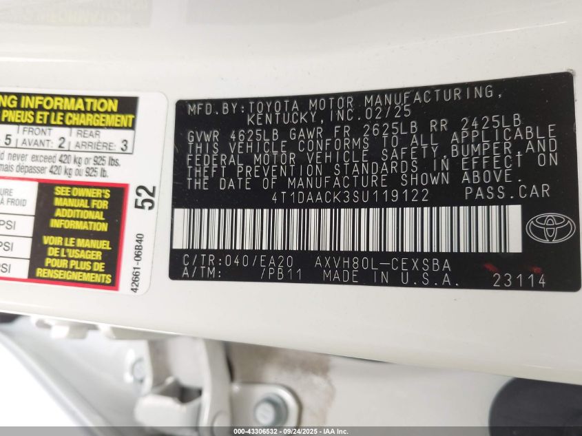 2025 Toyota Camry Se VIN: 4T1DAACK3SU119122 Lot: 43306532