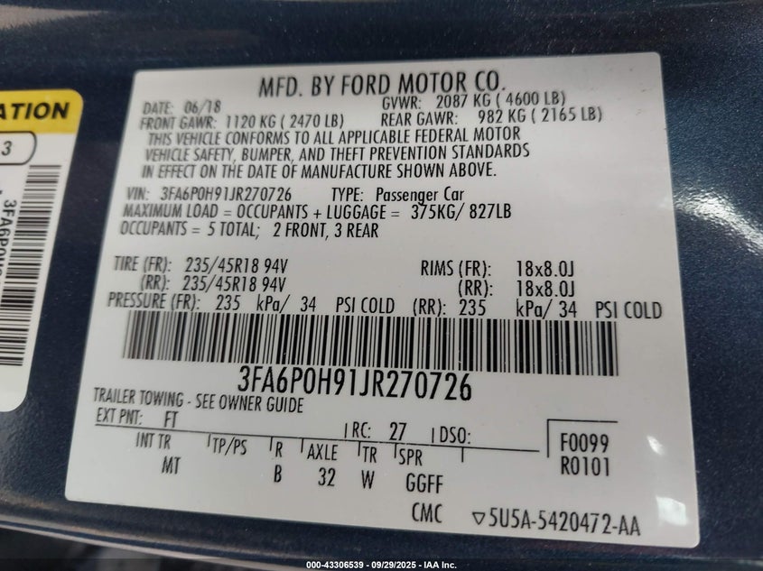 2018 FORD FUSION SE - 3FA6P0H91JR270726
