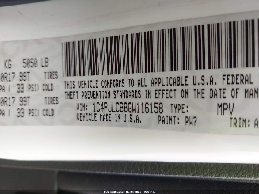 2016 Jeep Cherokee Latitude VIN: 1C4PJLCB8GW116158 Lot: 43306542