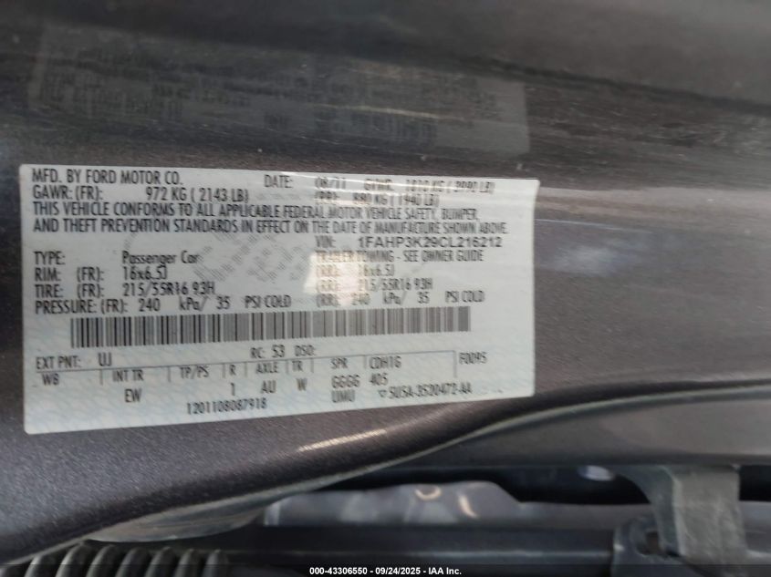 2012 Ford Focus Se VIN: 1FAHP3K29CL216212 Lot: 43306550