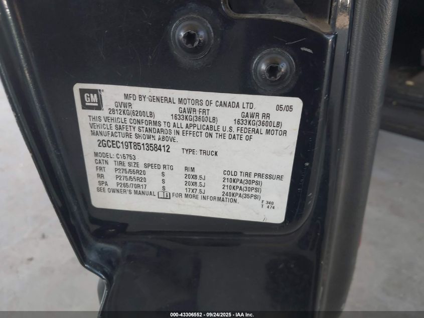 2005 Chevrolet Silverado 1500 Lt VIN: 2GCEC19T851358412 Lot: 43306552