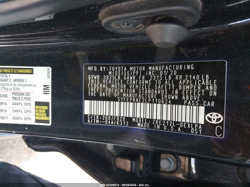 2020 TOYOTA COROLLA LE - 5YFEPRAE2LP110624