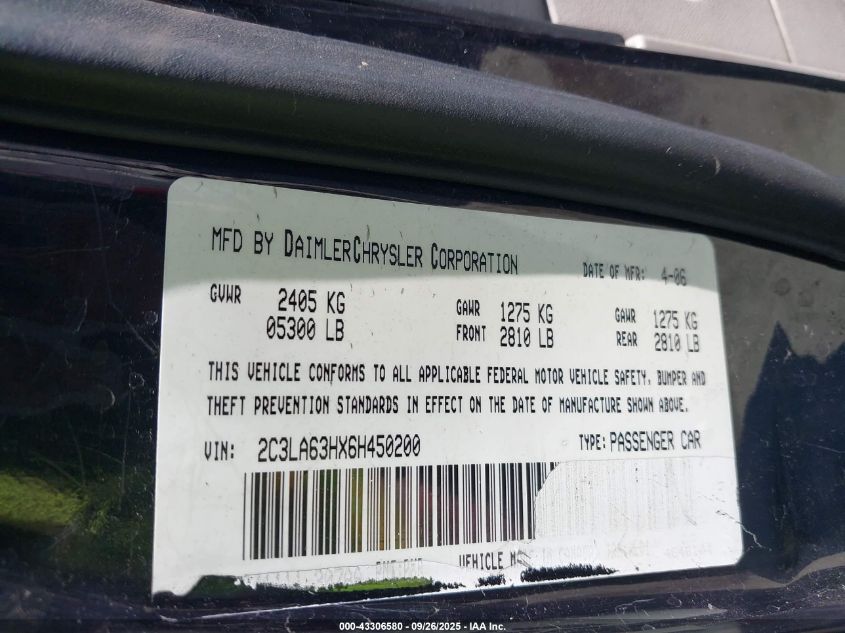 2006 Chrysler 300C VIN: 2C3LA63HX6H450200 Lot: 43306580