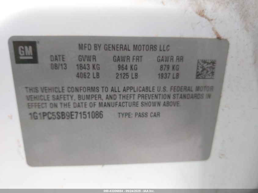 2014 Chevrolet Cruze 1Lt Auto VIN: 1G1PC5SB9E7151086 Lot: 43306584