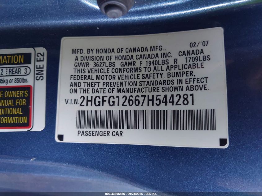 2007 Honda Civic Lx VIN: 2HGFG12667H544281 Lot: 43306586