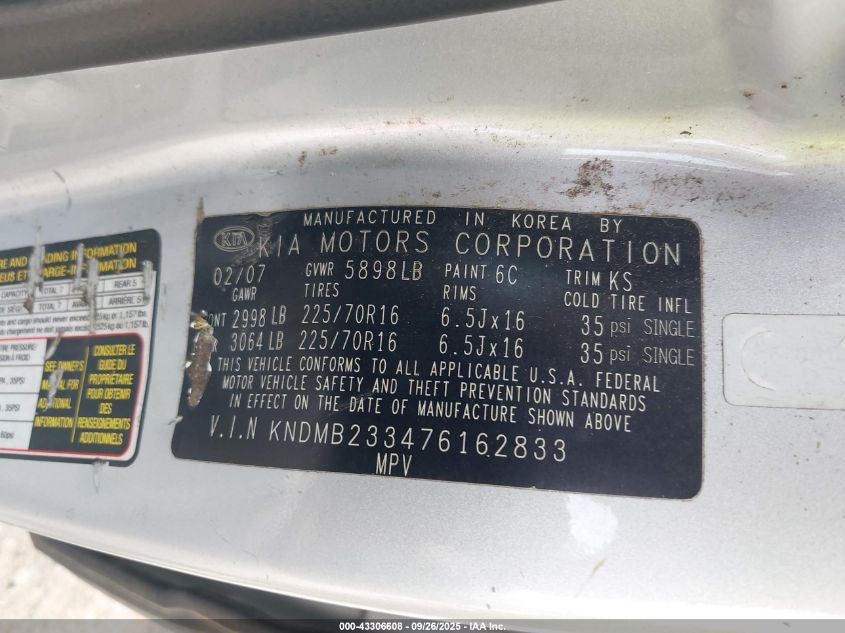 2007 Kia Sedona Lx VIN: KNDMB233476162833 Lot: 43306608