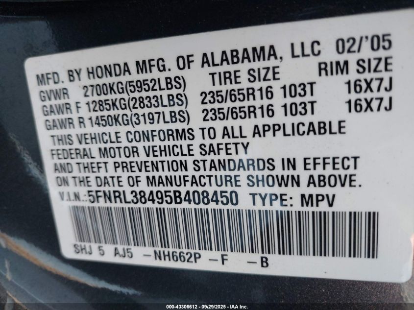 2005 Honda Odyssey Ex VIN: 5FNRL38495B408450 Lot: 43306612