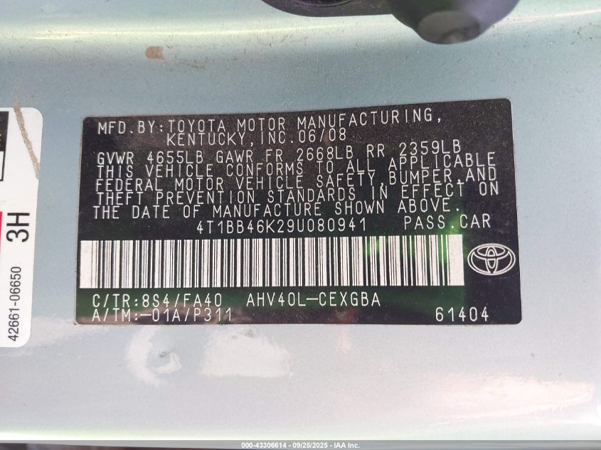 2009 Toyota Camry Hybrid VIN: 4T1BB46K29U080941 Lot: 43306614