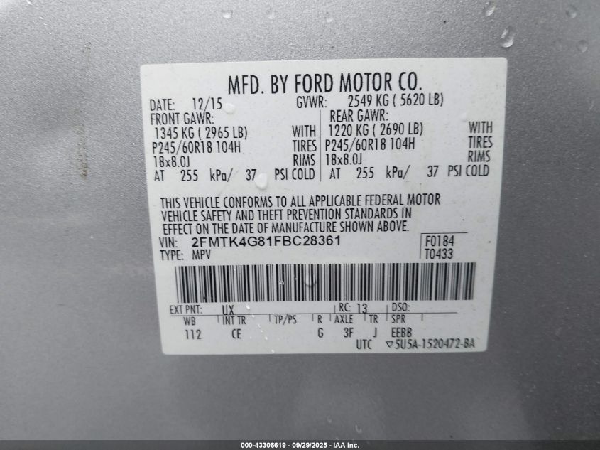 2015 Ford Edge Se VIN: 2FMTK4G81FBC28361 Lot: 43306619