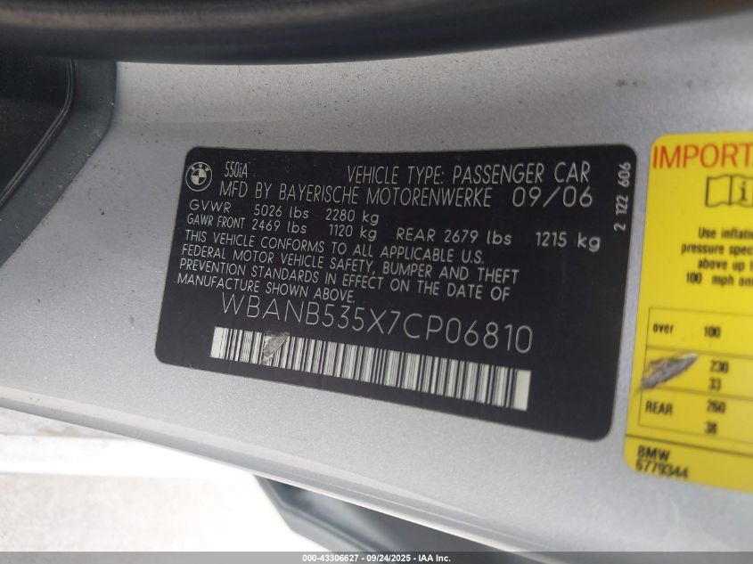 2007 BMW 550I VIN: WBANB535X7CP06810 Lot: 43306627