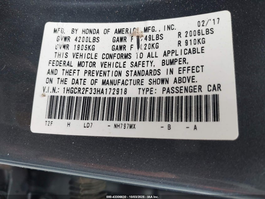 2017 Honda Accord Lx VIN: 1HGCR2F33HA172918 Lot: 43306630