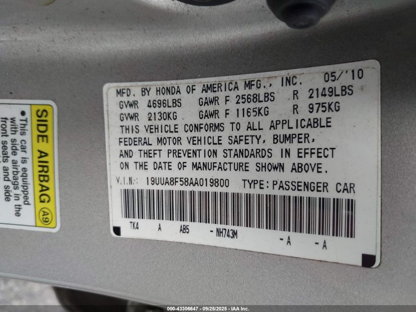2010 Acura Tl 3.5 VIN: 19UUA8F58AA019800 Lot: 43306647