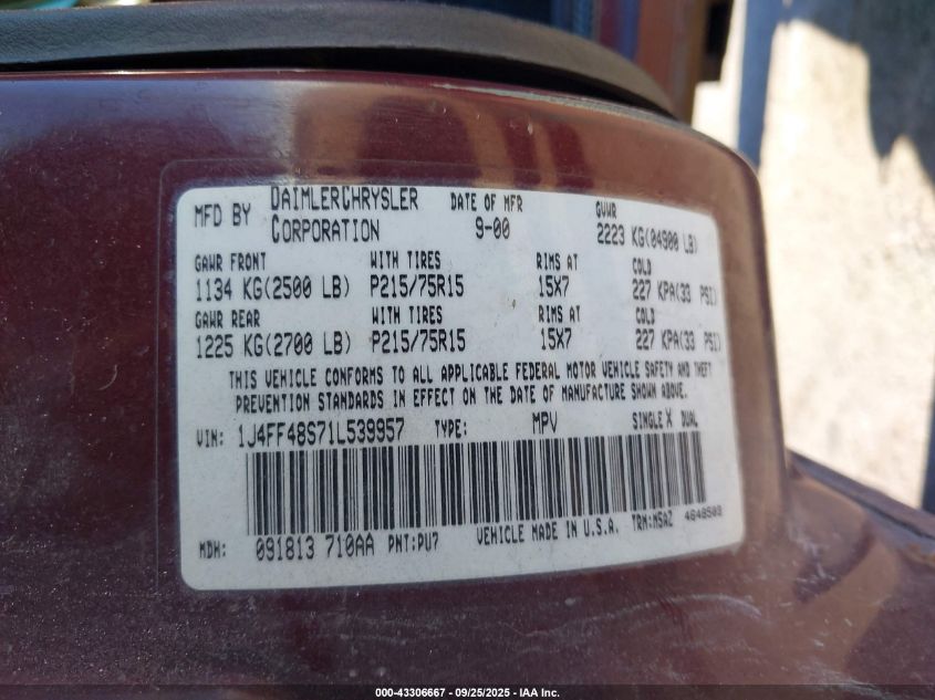 2001 Jeep Cherokee Sport VIN: 1J4FF48S71L539957 Lot: 43306667