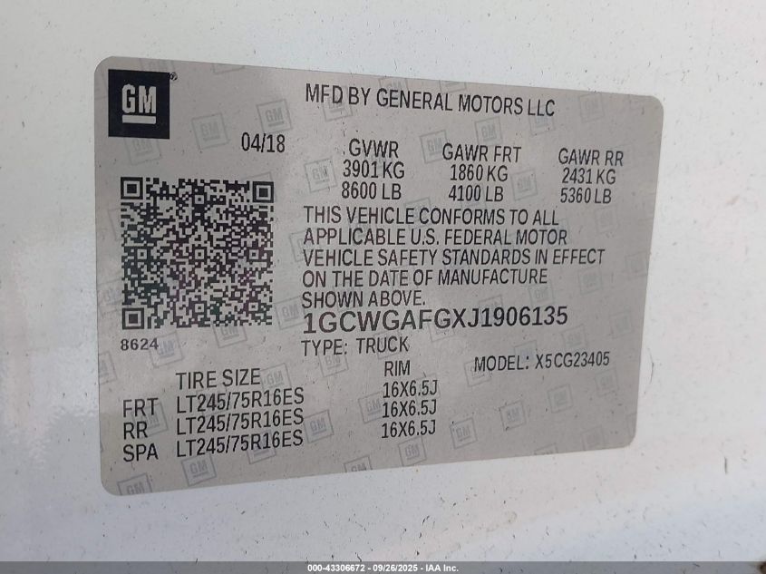 2018 Chevrolet Express 2500 Work Van VIN: 1GCWGAFGXJ1906135 Lot: 43306672