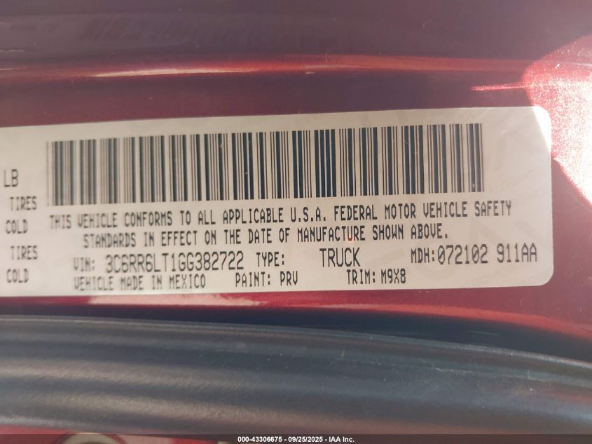 2016 Ram 1500 Lone Star VIN: 3C6RR6LT1GG382722 Lot: 43306675