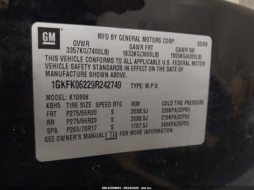 2009 GMC Yukon Xl 1500 Denali VIN: 1GKFK06229R242749 Lot: 43306683