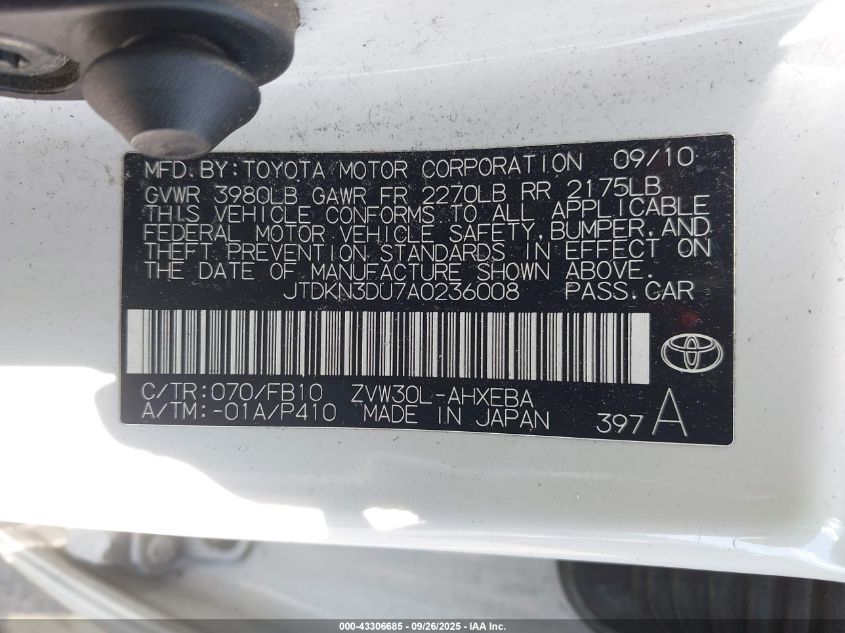 2010 Toyota Prius Iii VIN: JTDKN3DU7A0236008 Lot: 43306685