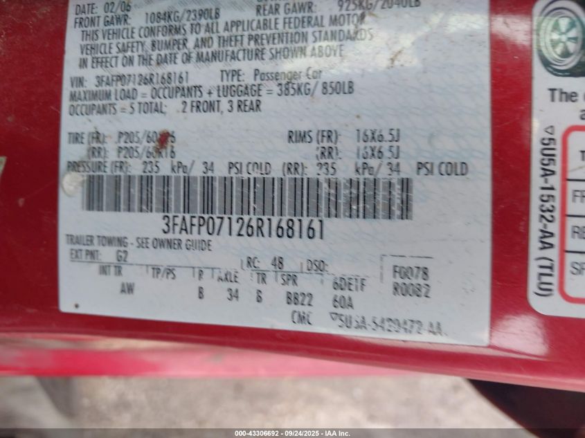 2006 Ford Fusion Se VIN: 3FAFP07126R168161 Lot: 43306692