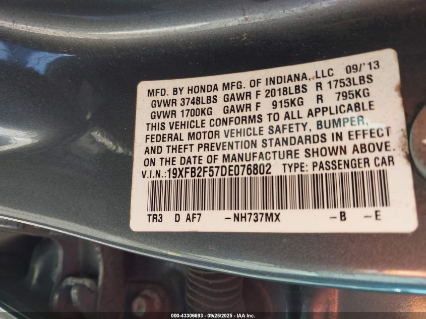 2013 Honda Civic Lx VIN: 19XFB2F57DE076802 Lot: 43306693